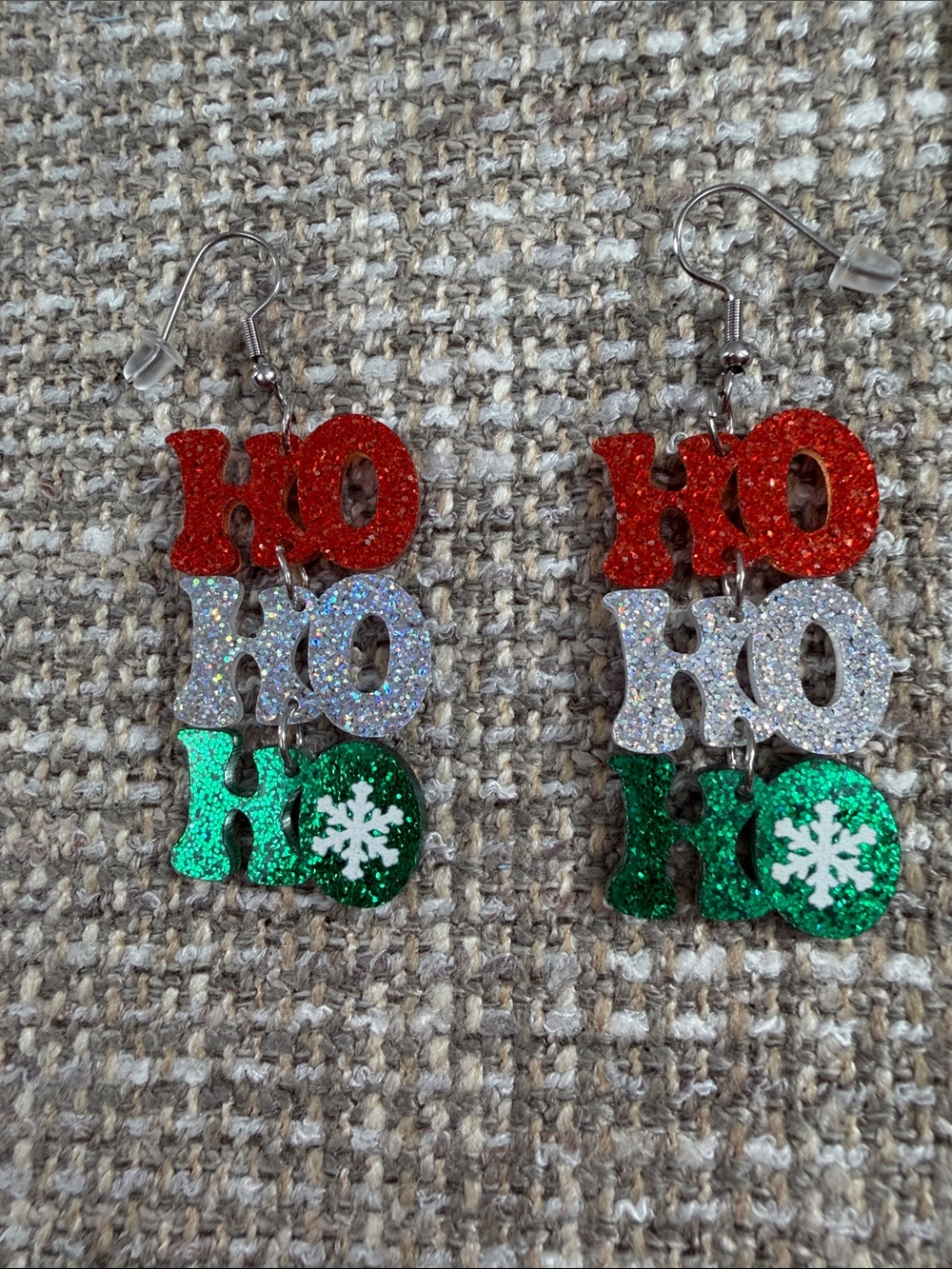 Festive 'HO HO HO' Glitter Drop Earrings in Red, Silver & Green